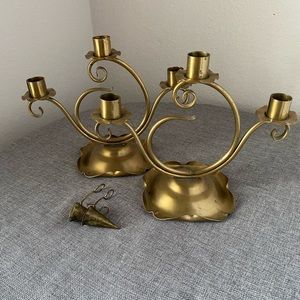 Set of Vintage Brass 3 arm Gregorian Cadelabra with snuffers.